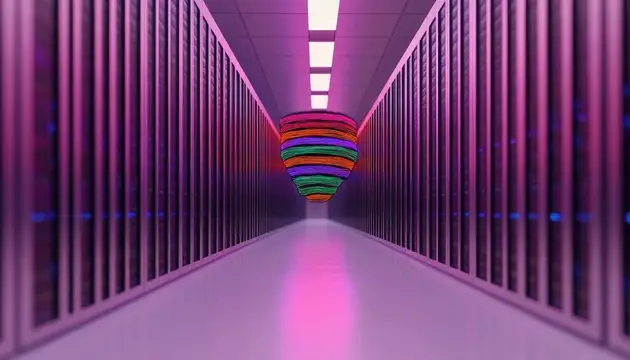 3D-рендер коридора с разноцветным полосатым объектом в конце