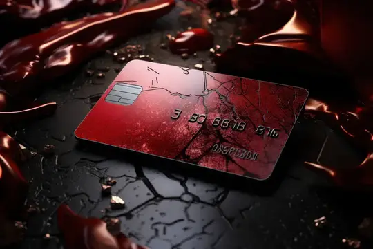 3D-рендер красной банковской карты с трещинами на тёмной поверхности