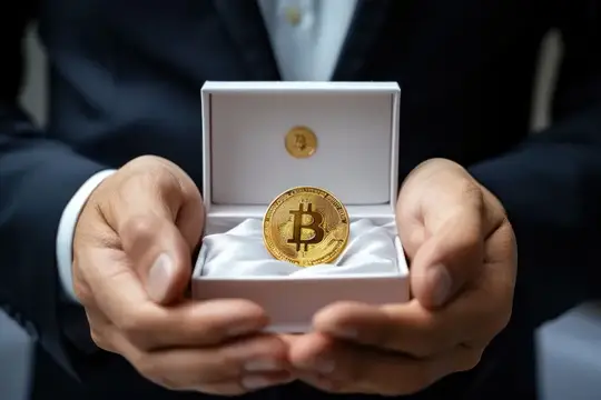Мужчина в костюме держит в руках золотой биткоин в белой коробке