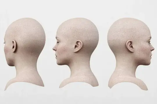 3D-рендер трёх лысых голов в профиль на светлом фоне