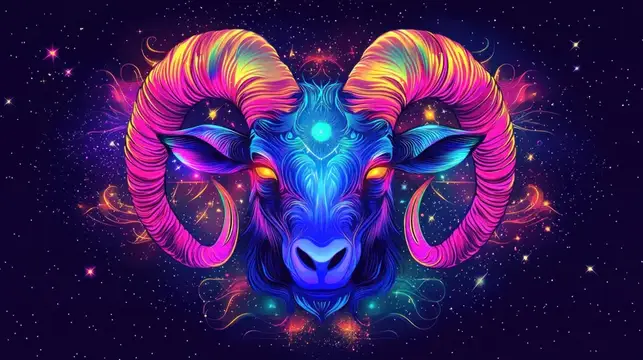 Художественное изображение головы барана, украшенной потрясающими неоновыми оттенками и декоративными узорами, на мистическом космическом фоне, вызывающее темы силы и духовности
