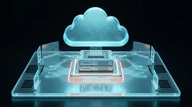 3D-рендер облачного сервера с светящимися схемами