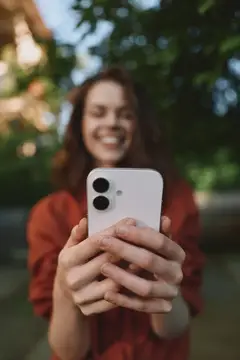 Улыбающаяся девушка держит белый смартфон на улице