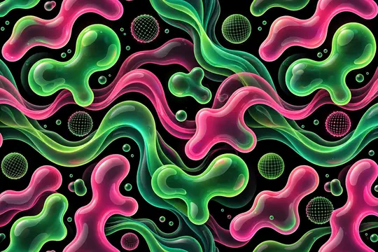 Абстрактный 3D-узор с розовыми и зелеными текучими формами на черном фоне