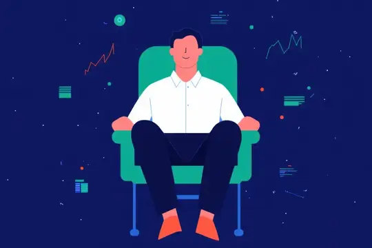 На этой иллюстрации изображен спокойный мужчина в белой рубашке и темных брюках, сидящий в элегантном кресле, что символизирует сосредоточенность и продуктивность в цифровом рабочем пространстве…