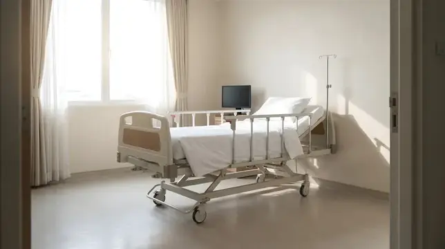 Пустая больничная палата с кроватью и капельницей у окна