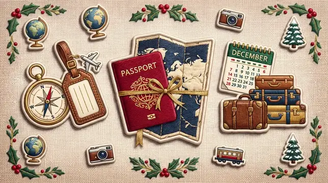 Иллюстрация с рождественскими travel-стикерами: паспорт, карта и чемоданы