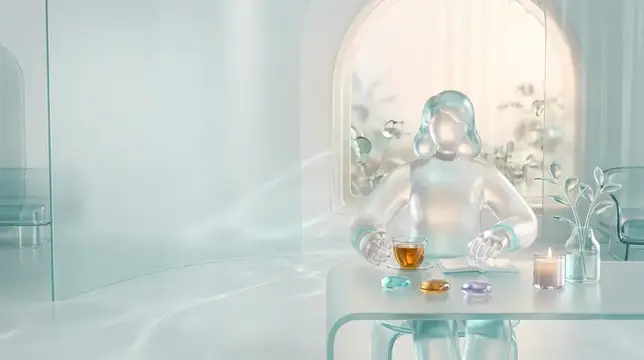 3D-рендер прозрачной фигуры за столом с чашкой чая