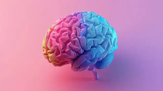 Яркий радужный мозг со словом «mind» на розово-голубом фоне