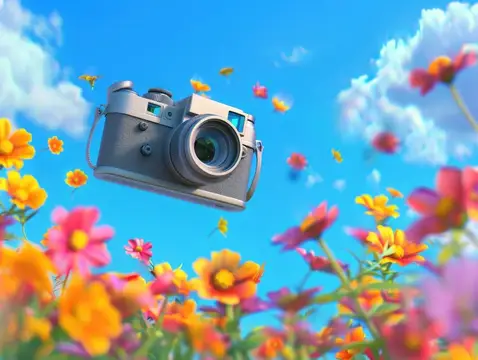 3D-рендер с парящей камерой над цветами