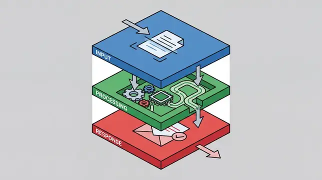 Иллюстрация трёх этапов обработки данных: ввод, обработка и ответ