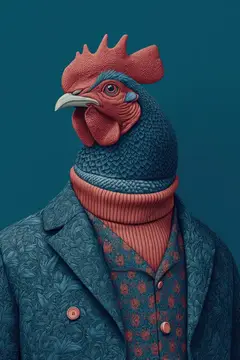 3D-рендер петуха в синем пальто и розовом свитере на тёмно-синем фоне