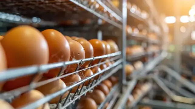 Ряды коричневых яиц на металлических полках птицефермы