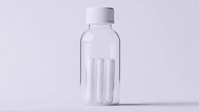 Прозрачная бутылка с белыми капсулами на светлом фоне