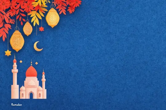 Праздничная иллюстрация с мечетью, фонарями и полумесяцем на синем фоне