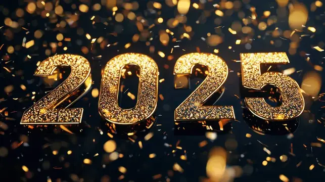 3D-рендер с золотыми цифрами 2025 в блестках на темном фоне