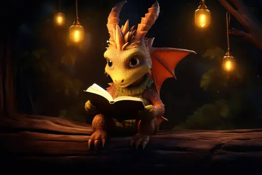 3D-рендер милого дракончика с книгой под тёплыми лампами