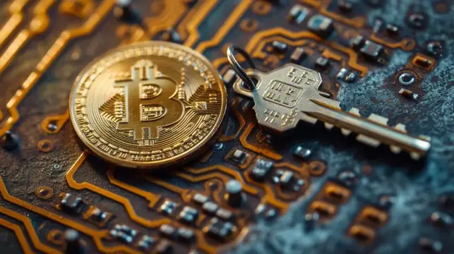 Золотая биткоин-монета и ключ лежат на электронной плате