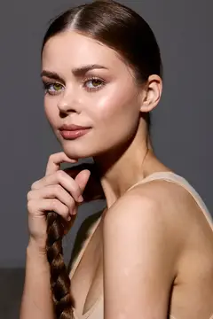 Молодая женщина с длинной косой и макияжем на сером фоне