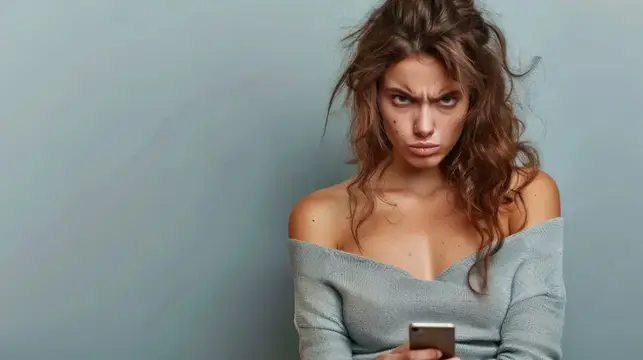 Недовольная девушка со смартфоном хмурится на сером фоне