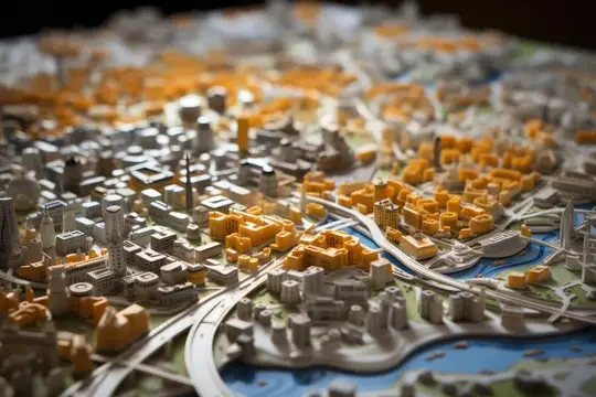 Архитектурный макет города с оранжевыми и серыми зданиями