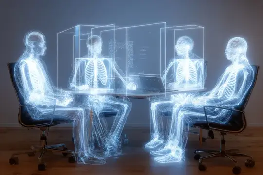 3D-рендер светящихся скелетов на деловой встрече за столом