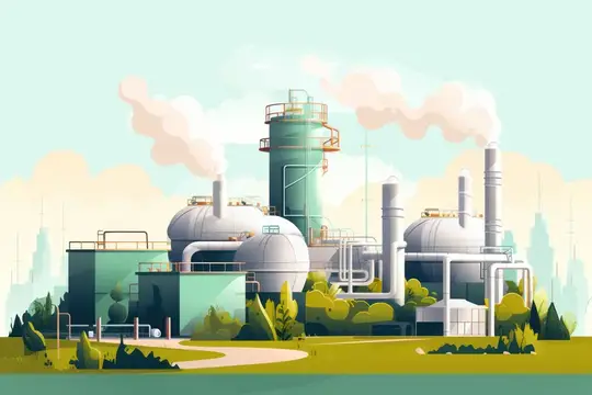 Современная мощность, производство, строительство, завод, иллюстрация, газ, химическая, промышленная, технология, энергия, загрязнение, здание, городская концепция, фон, завод, город, труба…