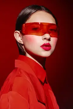 Азиатская девушка в красных очках и рубашке на красном фоне