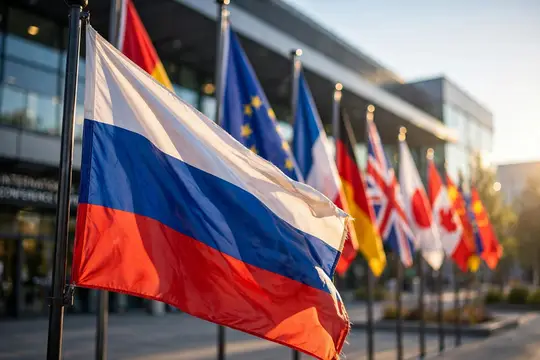 Российский флаг на фоне флагов других стран у здания