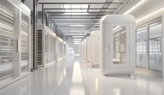 3D-рендер светлого коридора с серверными шкафами и белыми капсулами