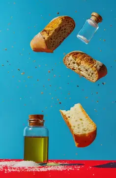 Художественная композиция с парящими ломтиками хлеба, стеклянной бутылкой с пробкой и солью на красной поверхности