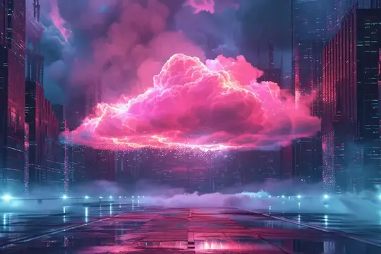 3D-рендер футуристического города с розовым облаком над мокрой дорогой