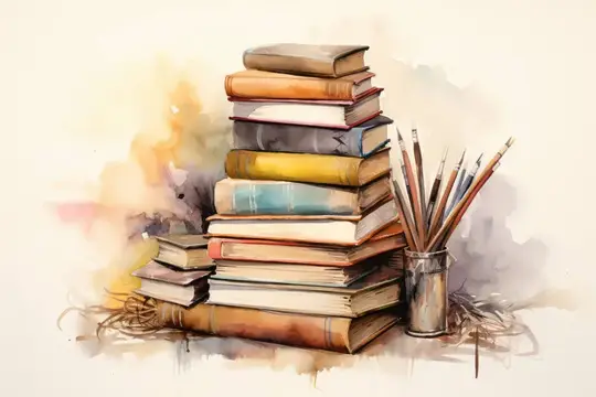 Акварельная иллюстрация стопки книг и стакана с кистями