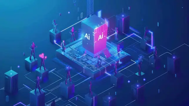 Абстрактное представление технологии искусственного интеллекта: цифровые фигуры взаимодействуют вокруг центрального куба
