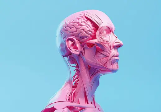 3D-рендер профиля головы с анатомией мышц и мозга