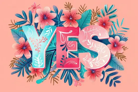 Иллюстрация с надписью YES в обрамлении тропических цветов и листьев