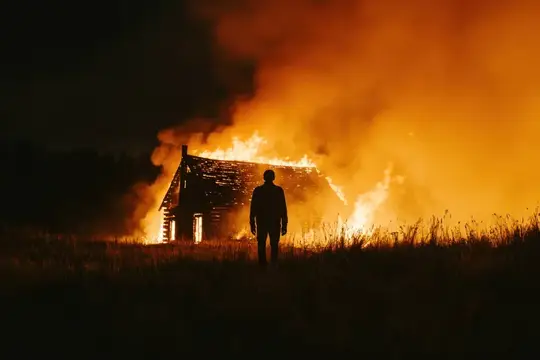 Силуэт мужчины на фоне горящего дома ночью