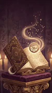 Иллюстрация волшебной книги с созвездиями и магическим светом