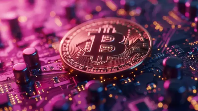3D-рендер золотого биткоина на футуристической фиолетовой плате