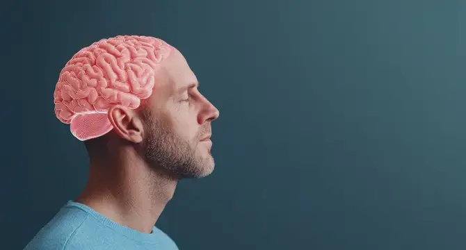 3D-рендер головы мужчины с открытым мозгом в профиль