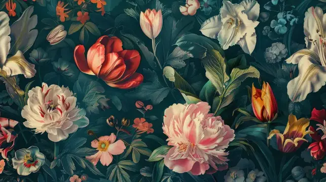 Яркие цветы насыщенных оттенков, включая тюльпаны и пионы, замысловато расположены на темном фоне