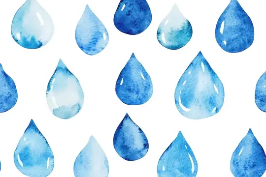 Акварельные синие капли воды на белом фоне