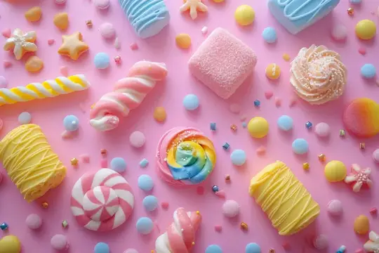 Разноцветные маршмеллоу и леденцы на розовом фоне