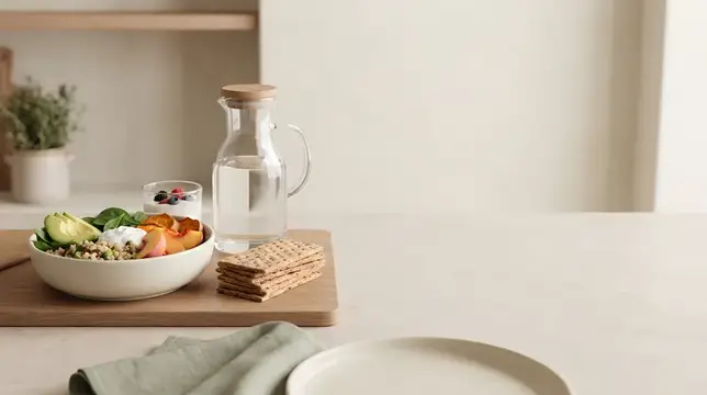 Полезный завтрак с овощами, хлебцами и графином воды на светлой кухне