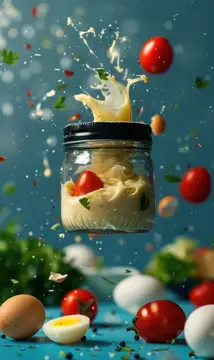 Стеклянная банка с соусом и летящими овощами в брызгах