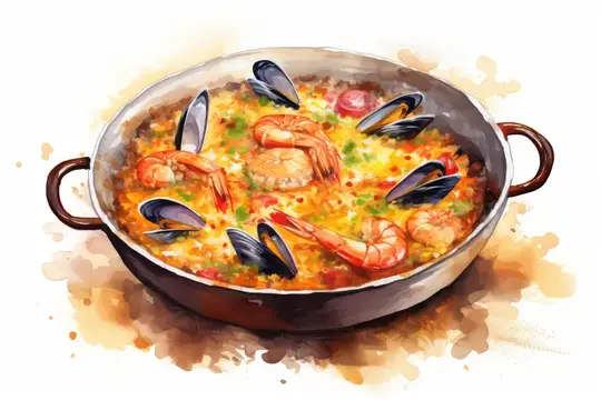 Акварельная иллюстрация сковороды с паэльей и морепродуктами