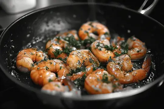 Вкусные креветки с чесноком и зеленью: полезное, изысканное блюдо из морепродуктов с недавно обжаренными креветками, чесночным и травяным соусом, снятое крупным планом