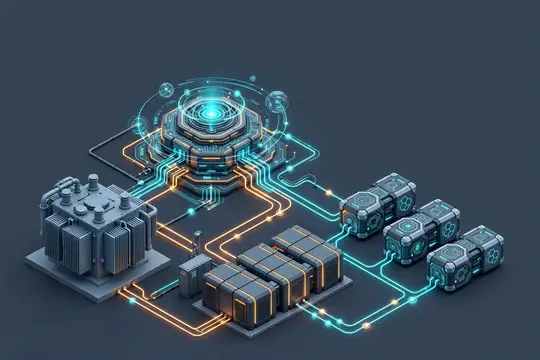 3D-рендер футуристической энергетической станции со светящимися схемами