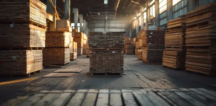 Сложенные штабелями деревянные поддоны на складе, в здание через окна проникает солнечный свет