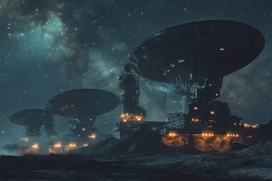 Впечатляющая сцена футуристических космических обсерваторий с массивными антеннами на фоне звездного ночного неба, подчеркивающая темы исследования, науки и технологий и создающая захватывающее…